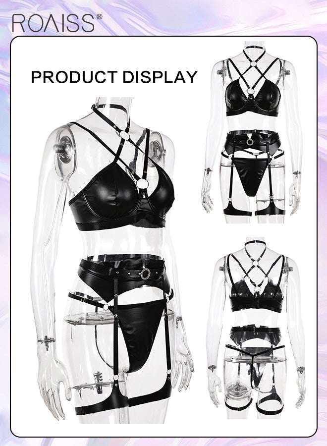 Split Multi-Piece Set Of Patent Leather Underwear Adjustable Cross Straps Hollow Hot Underwear