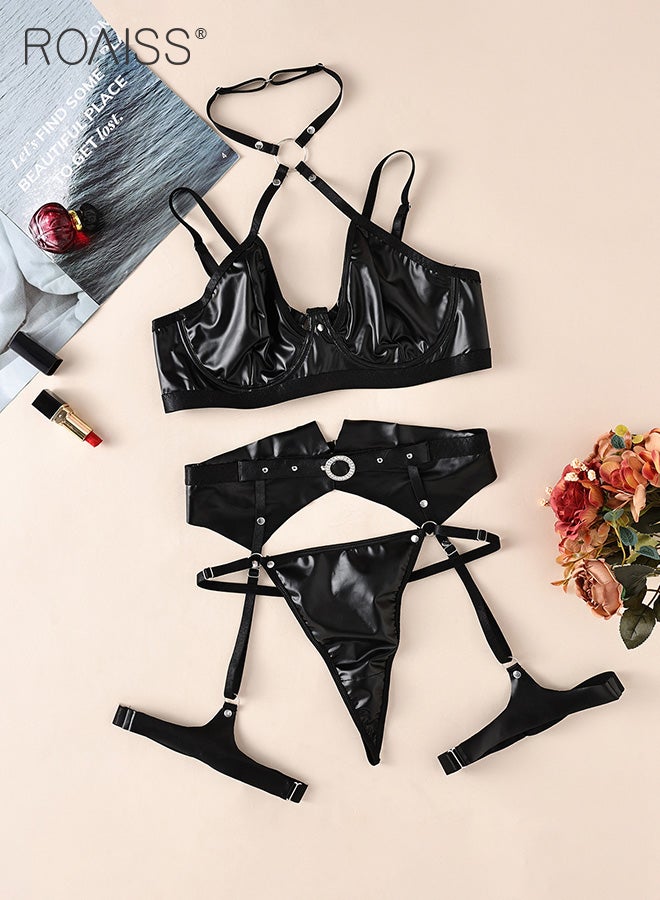 Split Multi-Piece Set Of Patent Leather Underwear Adjustable Cross Straps Hollow Hot Underwear