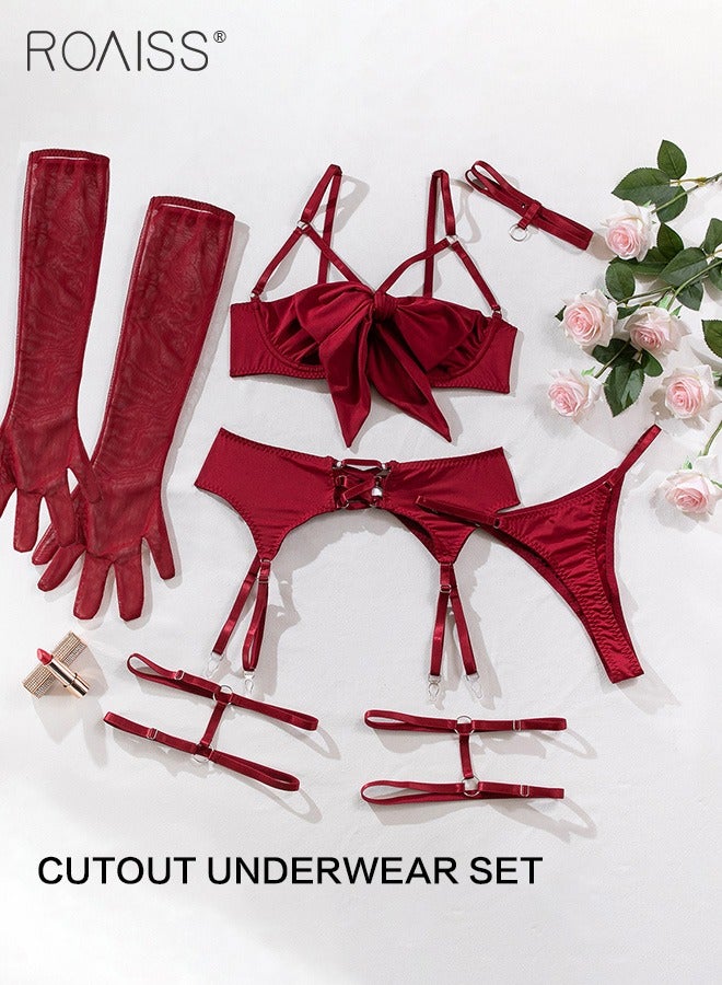 Multi-Piece Set Of Satin Hollow Underwear Adjustable Shoulder Straps Bow Ties Bedroom Hot Underwear