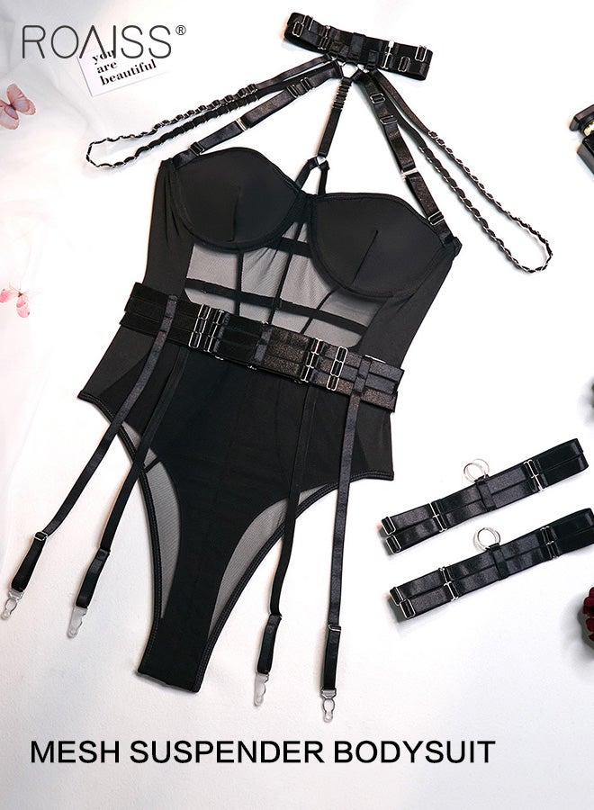 One-Piece See-Through Mesh Splicing One-Piece Underwear With Adjustable Straps And Hollow Nightclub Hot Jumpsuit