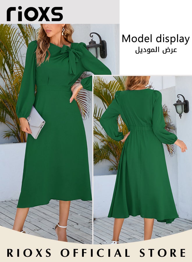 Women's Elegant Bow Tie Mid-long Dress Crew Neck Long Puff Sleeves Tight Cuffs Ruffle A-shape Loose Hem Dress