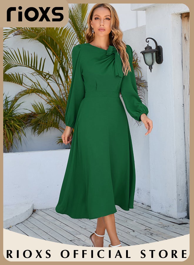 Women's Elegant Bow Tie Mid-long Dress Crew Neck Long Puff Sleeves Tight Cuffs Ruffle A-shape Loose Hem Dress