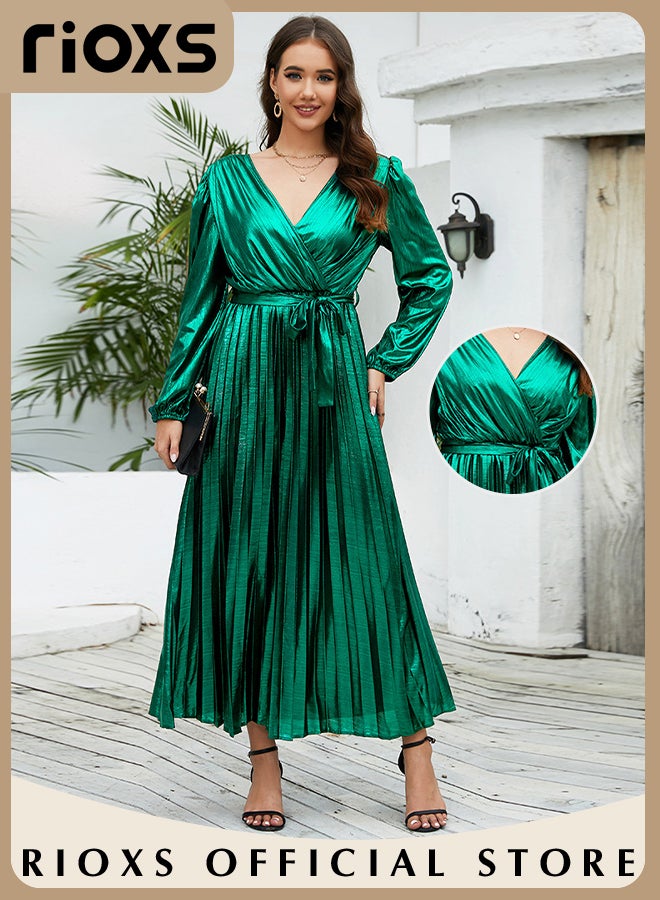 Women's Charming Bright Green Pleated Dress Waist Wrap Slimming Long-sleeved Evening Dress Party Elegant Dress for Ladies