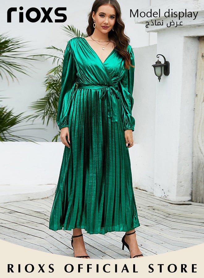 Women's Charming Bright Green Pleated Dress Waist Wrap Slimming Long-sleeved Evening Dress Party Elegant Dress for Ladies