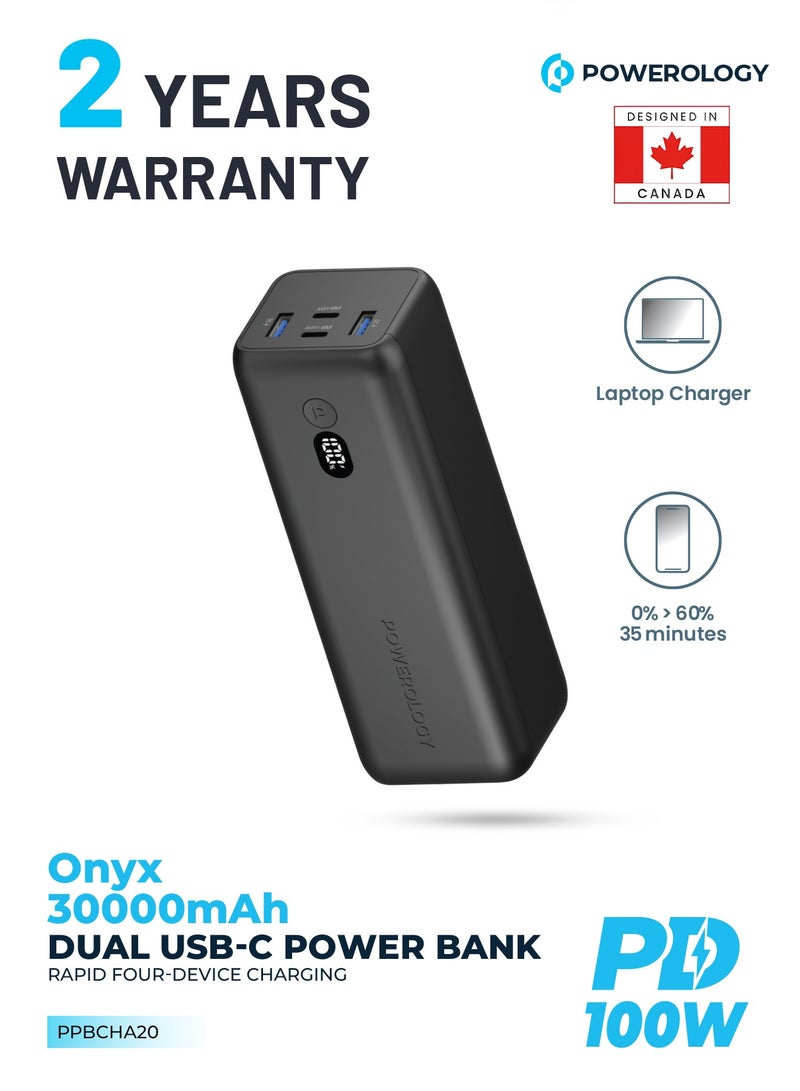 Onyx Dual USB-C Power Bank 30000mAh PD 100W / Multi-Device Charging / Built-In Safeguard / Laptop Charger / Super Compact - Black