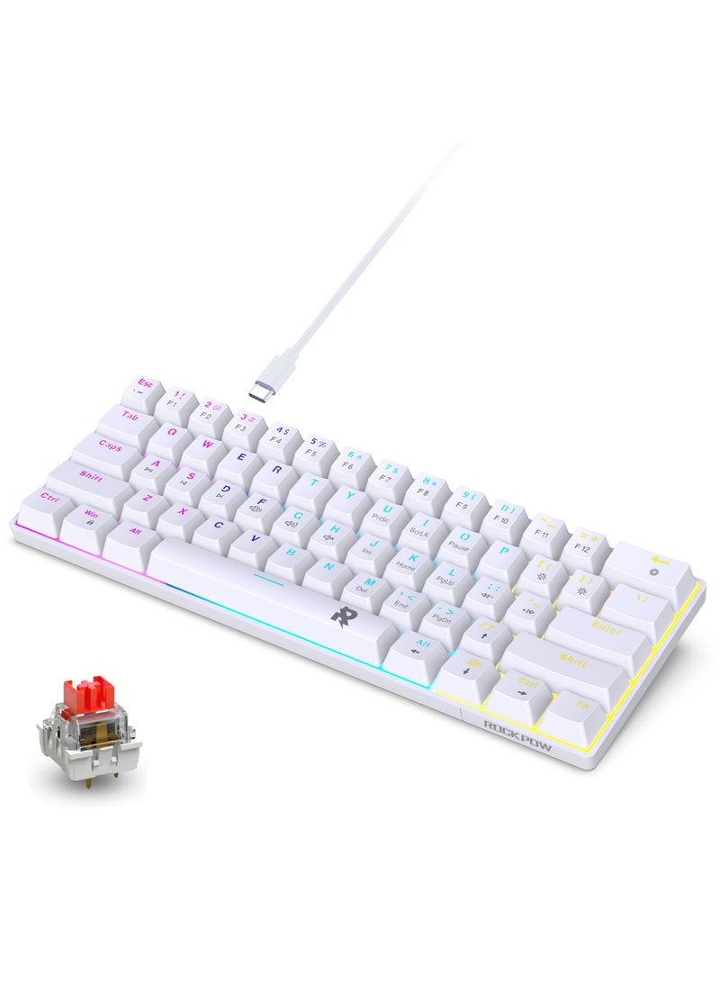 ROCK POW 60% Wired Mechanical Gaming Keyboard 61keys RGB Backlit Ultra-Compact Mini Keyboard Mini Compact Keyboard for PC/Mac Gamer Typist Easy Carry on Trip Red Switch