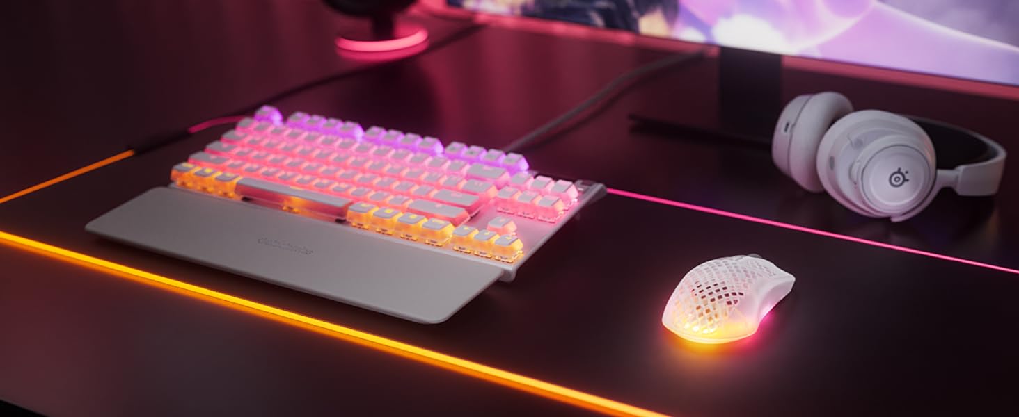 Apex 7 Ghost TKL Wired Mechanical Gaming Keyboard, Linear Red Switches, OLED Smart Display, Dynamic RGB Per-Key Backlighting, Aircraft Grade Aluminum Frame, 84-Key N-Key Rollover, Anti-Ghosting, Detachable Magnetic Wrist Rest, USB, US Layout, White | 64656