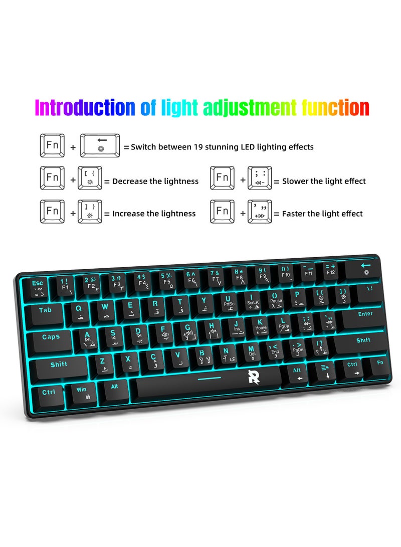 61 keys 60% Mechanical Gaming Keyboard Arabic English Ice Blue Backlit Ultra-Compact Mini Keyboard, Mini Compact Keyboard for PC/Mac Gamer, Typist, Easy Carry on Trip Red Switch Black