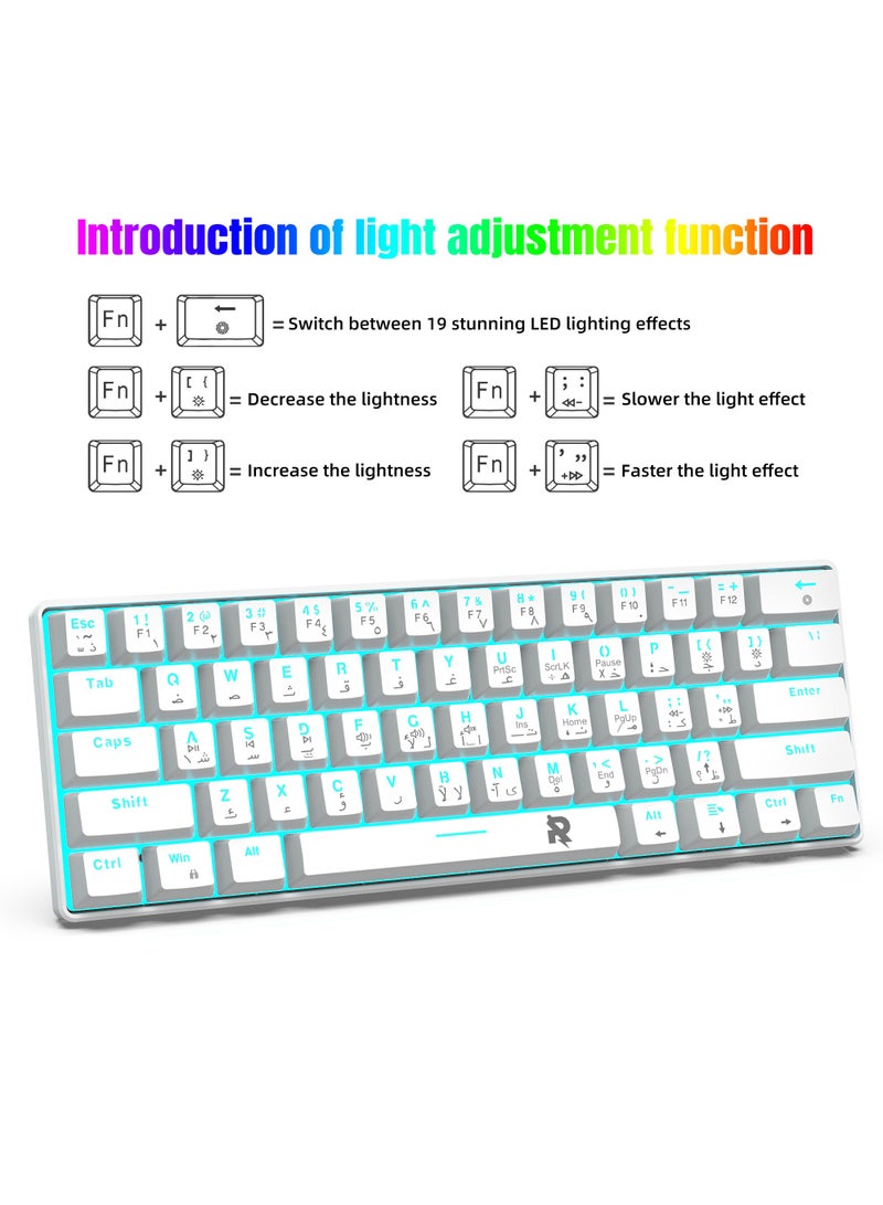 61keys 60% Mechanical Gaming Keyboard Arabic  Ice Blue Backlit Ultra-Compact Mini Keyboard, Mini Compact Keyboard for PC/Mac Gamer, Typist, Easy Carry on Trip Red Switch