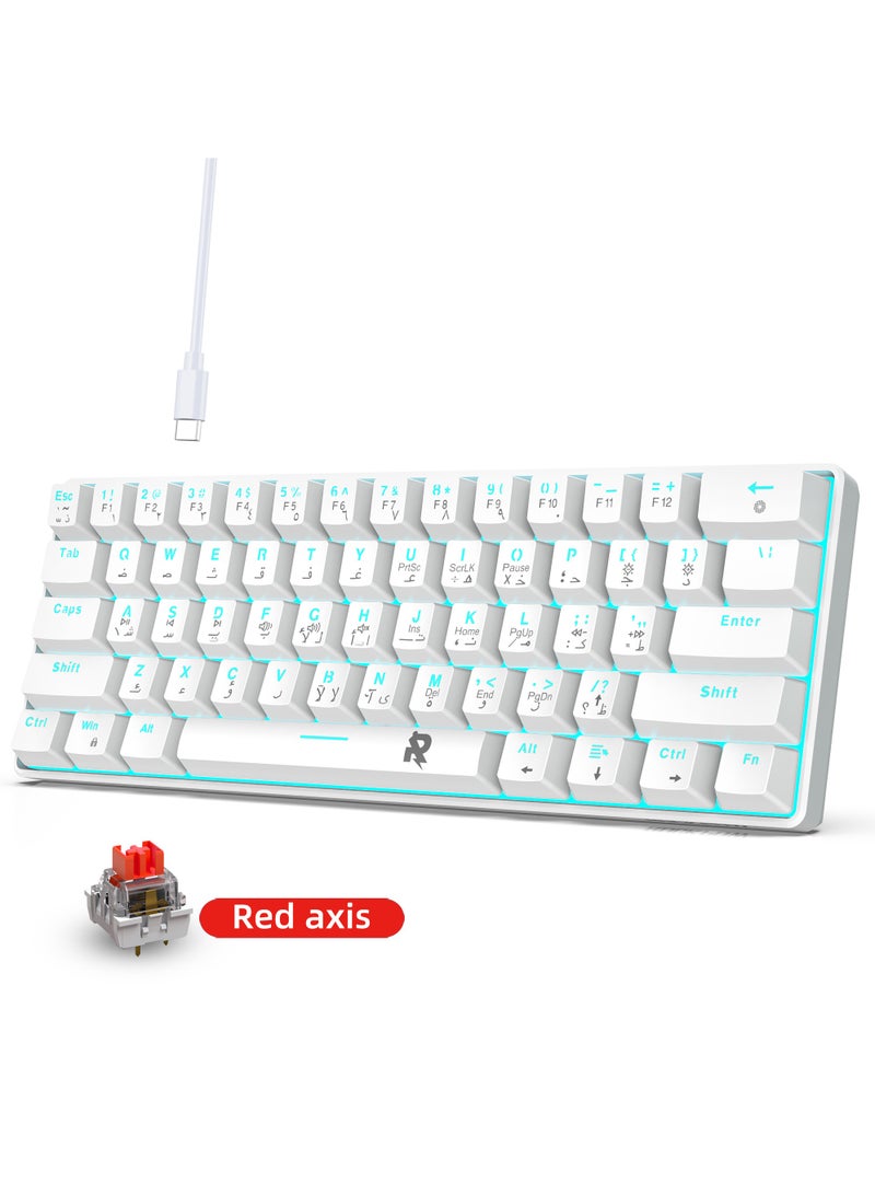 61keys 60% Mechanical Gaming Keyboard Arabic  Ice Blue Backlit Ultra-Compact Mini Keyboard, Mini Compact Keyboard for PC/Mac Gamer, Typist, Easy Carry on Trip Red Switch