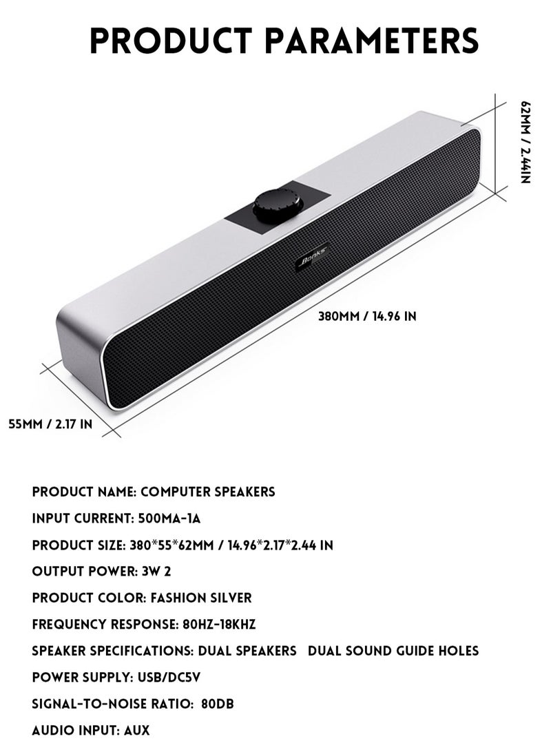 Computer Speakers with 3.5 mm Aux, Small PC Speakers Powered by USB, Wired USB Desktop Speaker, USB Soundbar for Monitor, Mini Stereo Speaker for PC, Tablets, Laptop, Tablets, Xbox, Plug and Play