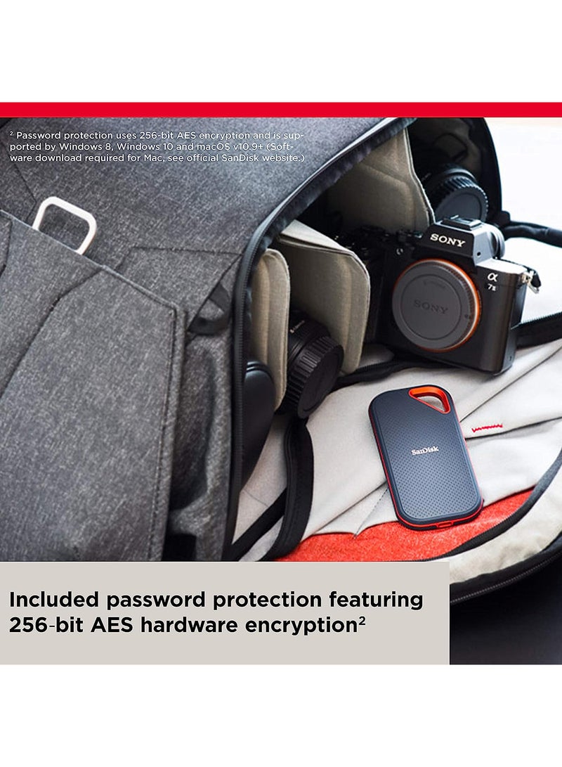 4TB Extreme PRO Portable SSD V2, USB 3.2 Gen 2x2 Type-C, Up to 2000 MB/s Read & Write Speeds, 256-Bit AES Hardware Encryption, Carabiner Loop, IP65, Black - Orange | SDSSDE81-4T00-G25 4 TB