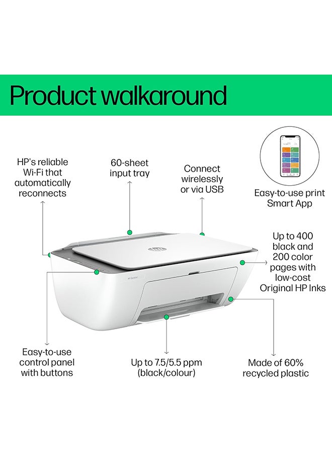 DeskJet Ink Advantage 2876 Wireless, Print, Scan, Copy, All-in-One Printer - Cement [6W7E6C] White