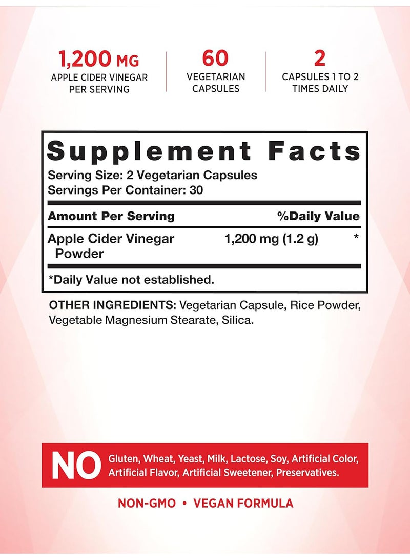 Apple Cider Vinegar Capsules 1200 Mg 60 Veggie Pills Extra Strength Vegan Nongmo And Gluten Free Supplement