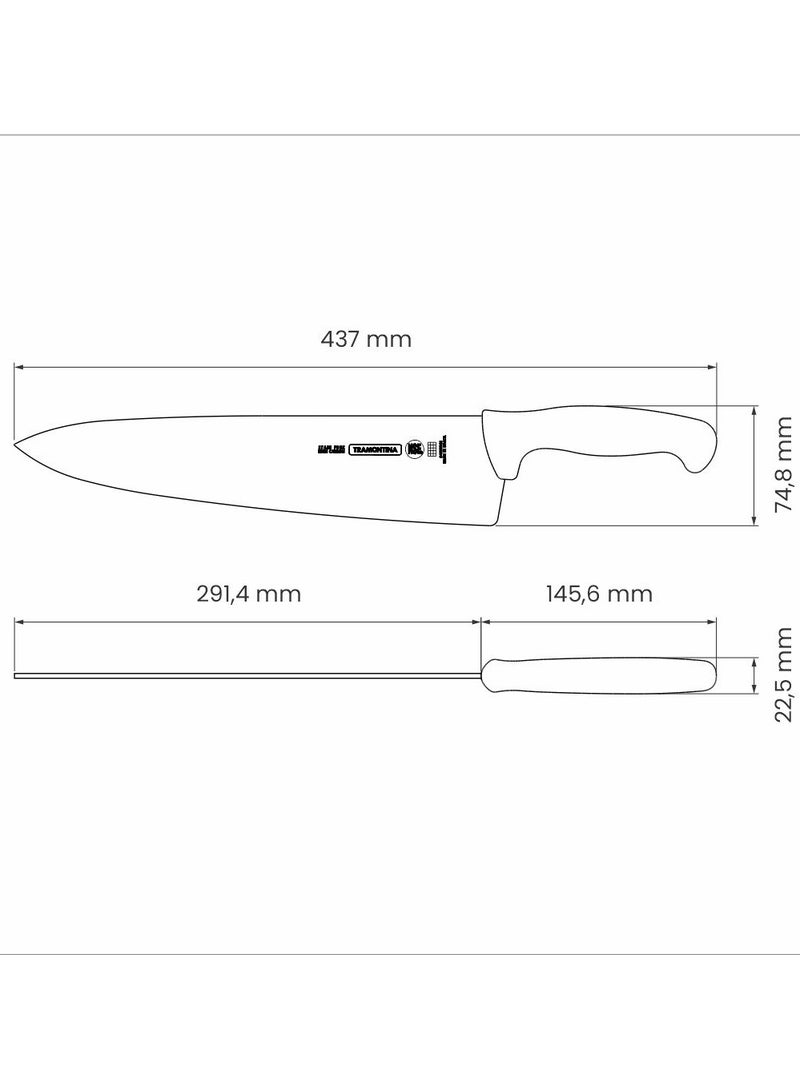 Professional 12 Inches Meat Knife with Stainless Steel Blade and White Polypropylene Handle with Antimicrobial Protection, Made BRAZIL