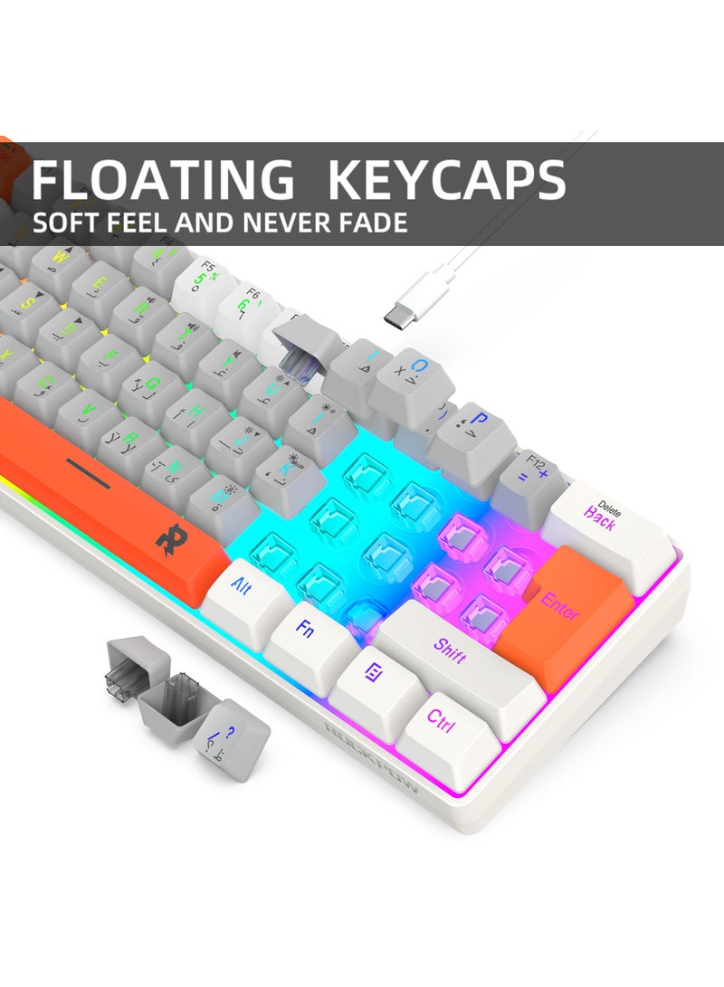 ROCK POW 60% Wired Gaming Keyboard,Arabic English 61Key RGB Backlit Membrane Gaming Keyboard, Ultra-Compact Mini Waterproof Keyboard for PC Computer Gamer White Grey Orange