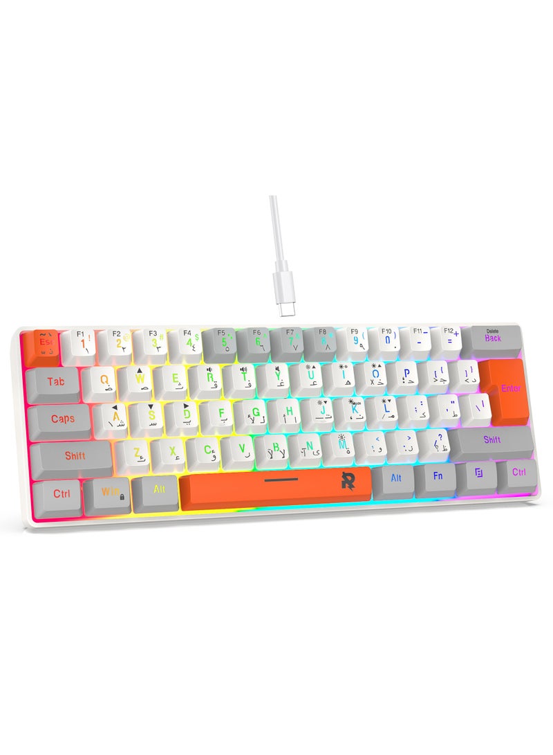 ROCK POW 60% Wired Gaming Keyboard,Arabic English 61Key RGB Backlit Membrane Gaming Keyboard, Ultra-Compact Mini Waterproof Keyboard for PC Computer Gamer