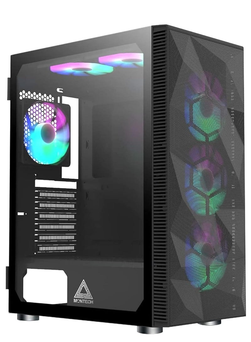 X3 Glass Black Mid-Tower ATX Computer Case, 6x RGB Fans Pre-Installed, Tempered Glass Panels, Up to 305mm VGA Clearance & 160mm CPU Cooler Height, 2x USB 2.0, 1x USB 3.0, Audio & Mic Ports, Versatile Cooling Support, Bottom-Mounted PSU, Black