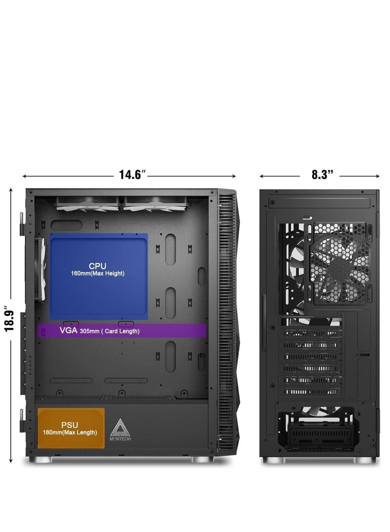 X3 Glass Black Mid-Tower ATX Computer Case, 6x RGB Fans Pre-Installed, Tempered Glass Panels, Up to 305mm VGA Clearance & 160mm CPU Cooler Height, 2x USB 2.0, 1x USB 3.0, Audio & Mic Ports, Versatile Cooling Support, Bottom-Mounted PSU, Black