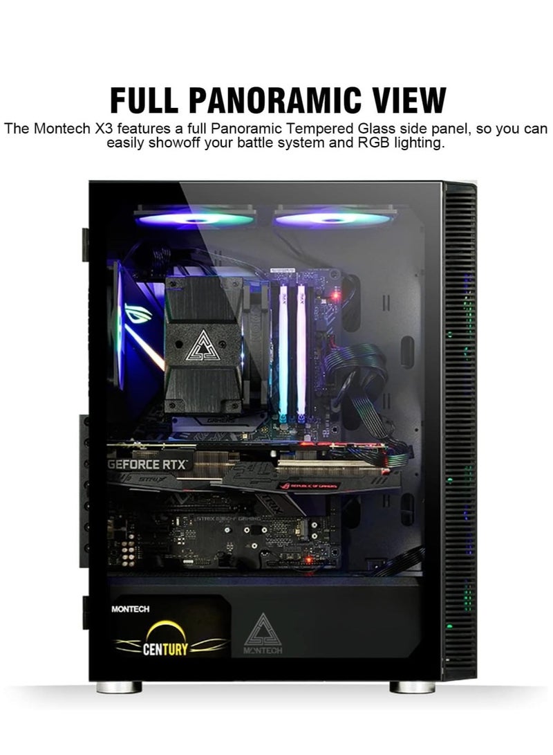 X3 Glass Black Mid-Tower ATX Computer Case, 6x RGB Fans Pre-Installed, Tempered Glass Panels, Up to 305mm VGA Clearance & 160mm CPU Cooler Height, 2x USB 2.0, 1x USB 3.0, Audio & Mic Ports, Versatile Cooling Support, Bottom-Mounted PSU, Black