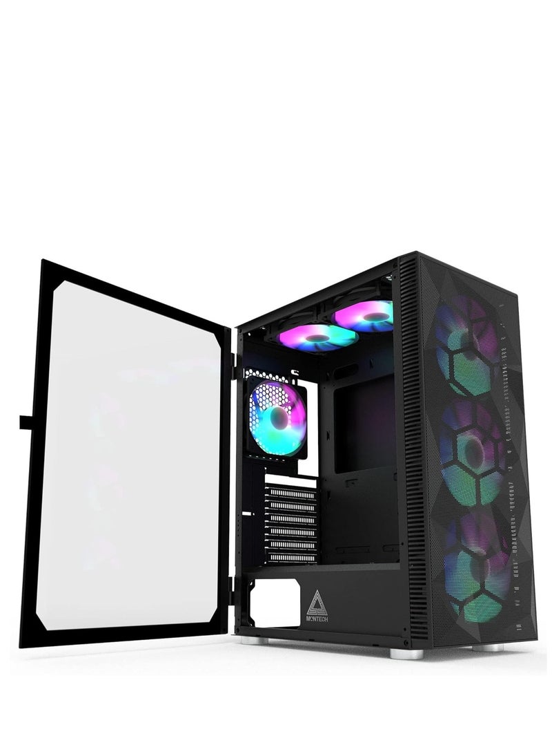 X3 Glass Black Mid-Tower ATX Computer Case, 6x RGB Fans Pre-Installed, Tempered Glass Panels, Up to 305mm VGA Clearance & 160mm CPU Cooler Height, 2x USB 2.0, 1x USB 3.0, Audio & Mic Ports, Versatile Cooling Support, Bottom-Mounted PSU, Black