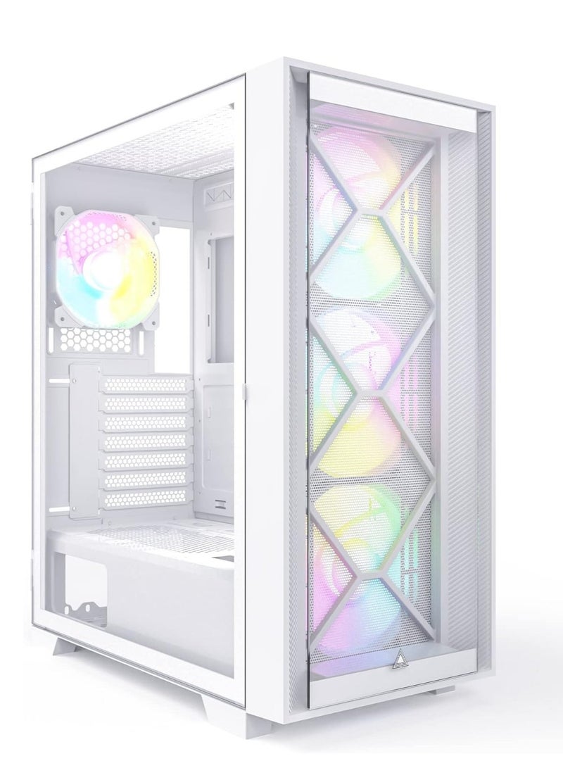 AIR 1000 Premium White ATX Mid Tower Case - 3 x 140mm,1 x 120mm ARGB Fans Pre-Installed - Swivel Glass Side Panel - Both Detachable Mesh and Tempered Glass Front Panel