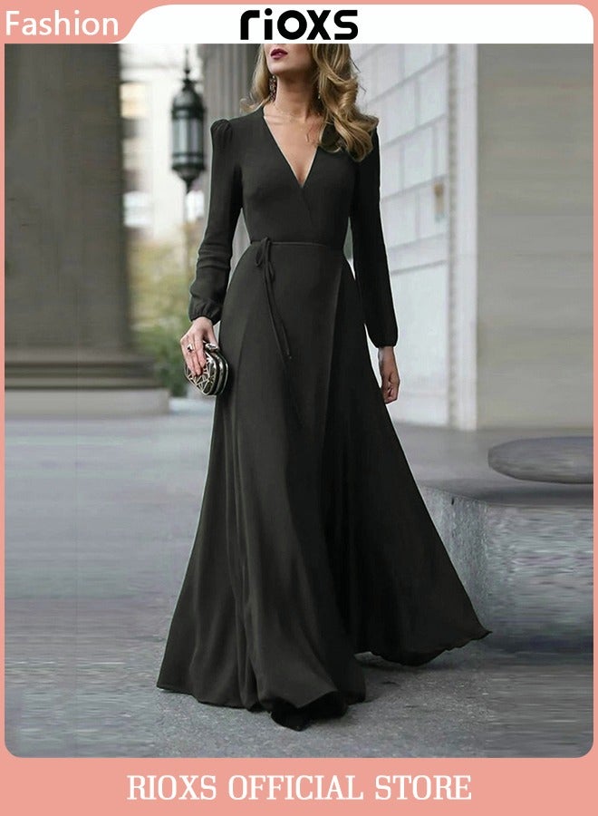 Women's Elegant High Waist Maxi Dress, V-neck Long-sleeved Dress, Ruched Wrap Long Dress with Back Zipper and Belt, Stylish Exquisite Evening Prom Dress, Perfect for Both Casual and Formal Occasions