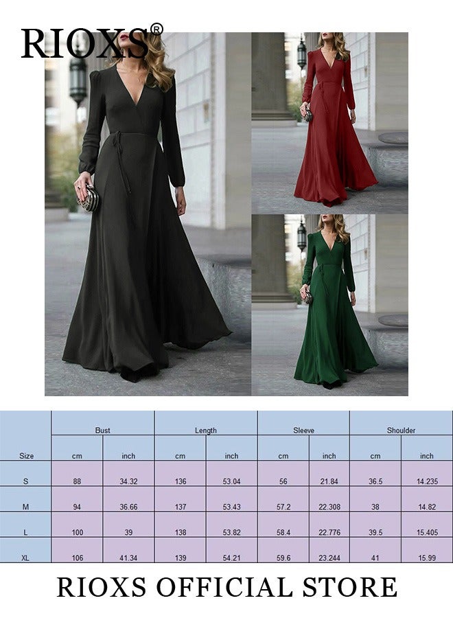 Women's Elegant High Waist Maxi Dress, V-neck Long-sleeved Dress, Ruched Wrap Long Dress with Back Zipper and Belt, Stylish Exquisite Evening Prom Dress, Perfect for Both Casual and Formal Occasions