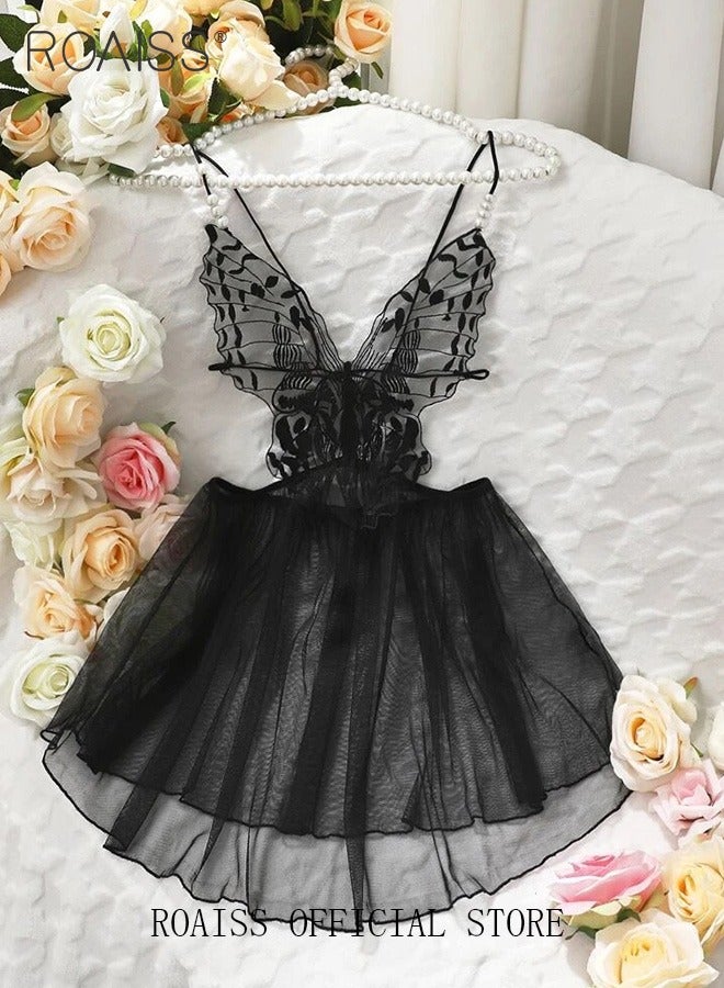 Two Piece of Women Lacec Nightdress Set Lingerie for Ladies Wife Girlfriend Hollow Out Design Mesh Dress Pearl Bow Decor Dress