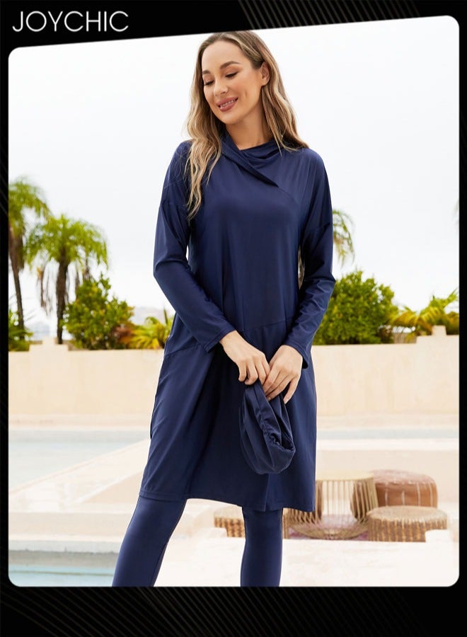 3-piece Muslim Women Conservative Swimwear Set Long Sleeve Comfortable and Sun Protection Beach Wear Summer Lightweight Swimsuit Dark Blue