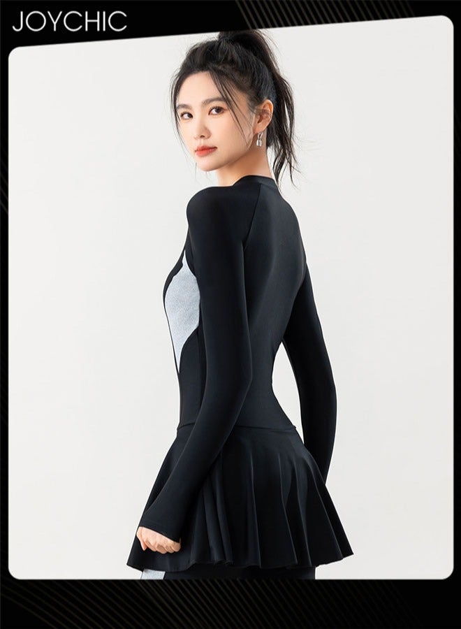 Women One Piece Patchwork Zipper Swimwear Summer Long Sleeve Quick-dying Breathable Sun Protection Diving Suit Surf Wear for Outdoor Sports Beach Black