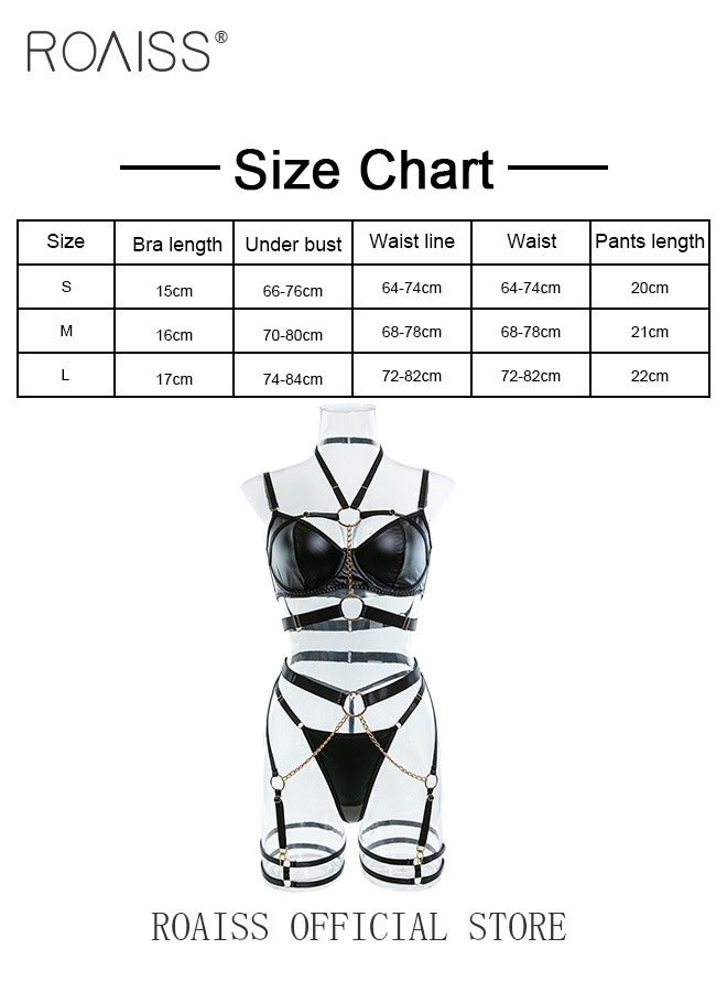 4 Piece Women Patent Ring Detail Harness Garter Lingerie Set Strappy Underwear Metal Chain Leather Bodysuit Gift for Ladies Wife Girlfriend