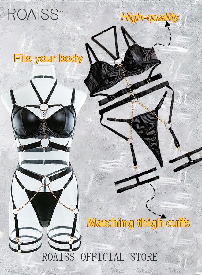 4 Piece Women Patent Ring Detail Harness Garter Lingerie Set Strappy Underwear Metal Chain Leather Bodysuit Gift for Ladies Wife Girlfriend