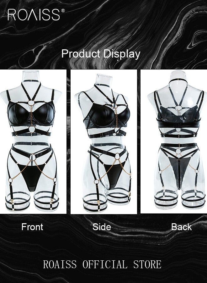 4 Piece Women Patent Ring Detail Harness Garter Lingerie Set Strappy Underwear Metal Chain Leather Bodysuit Gift for Ladies Wife Girlfriend