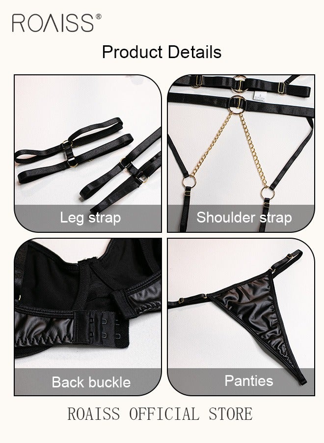 4 Piece Women Patent Ring Detail Harness Garter Lingerie Set Strappy Underwear Metal Chain Leather Bodysuit Gift for Ladies Wife Girlfriend