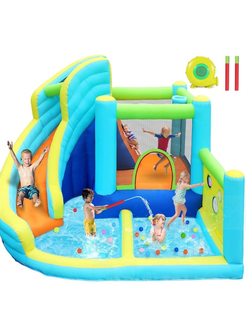 Inflatable Water Slide Park With Splash Pool For Kids Climbing Wall Bounce House With Ball Shooting Kids Bouncy Castle With Air Blower For Outdoor Backyard