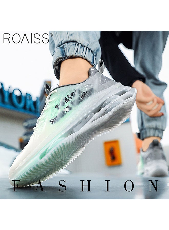 Men'S Fashionable Air Cushion Sports Shoes Gradient Rubber Mesh Stitching Toe Design Cotton Shoelace Buckle Closure