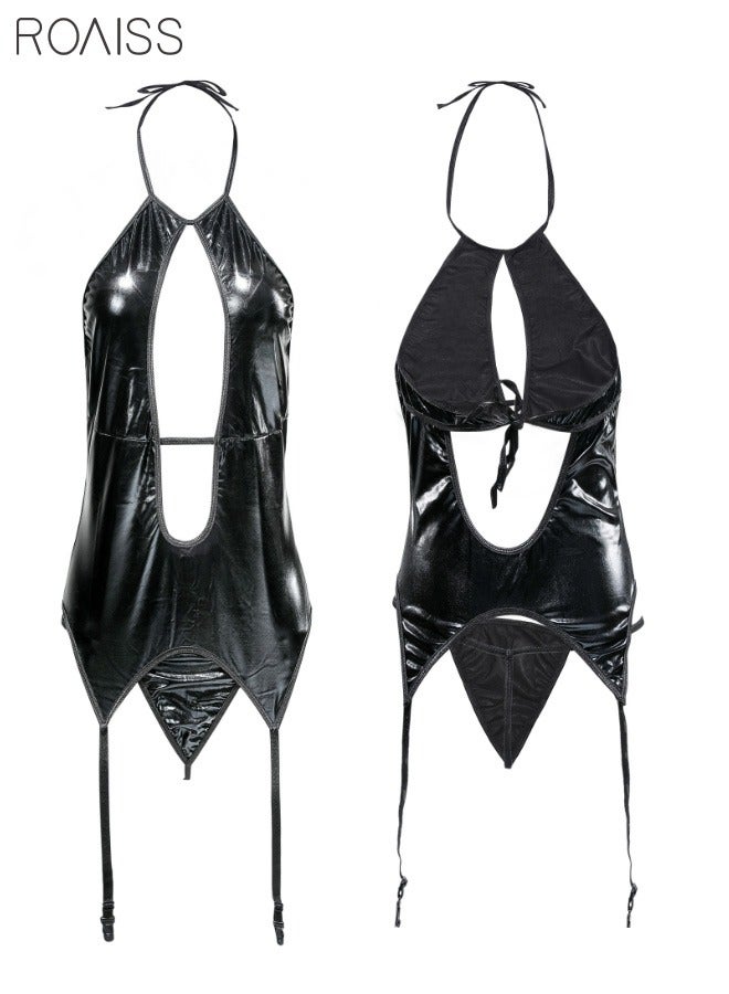 4 Pieces Of  Cutout Underwear Lacquer Leather Female Police Officer Hollowed Out Design Date Day Role Play Costume