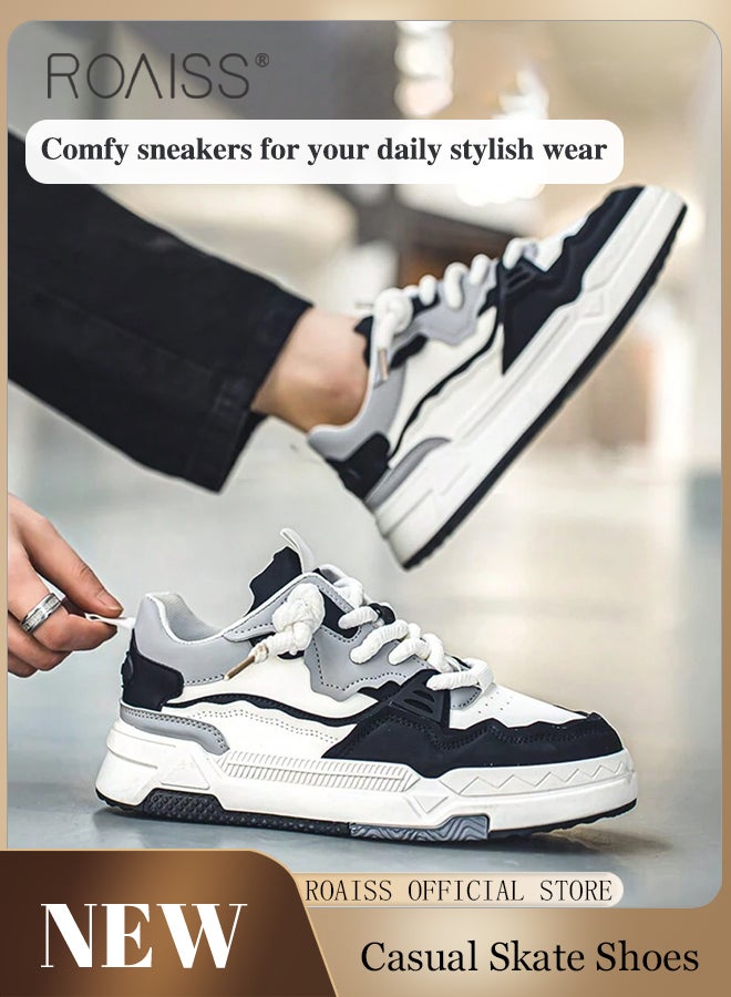 Colourblocked Casual Chunky Sneakers for Men Lace Up Comfy Non Slip Street Style Skate Shoes for Outdoor Workout Activities Mens Stylish Low Cut Soft Sole Breathable Sports Shoes for All Seasons