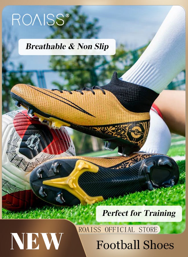 Professional Spikes Soccer Cleats for Man Youth High Top Competition Training Shoes Mens Front Lace up Breathable Outdoor Sneakers Athletic Anti Slip Soft Sole Sports Shoes for All Seasons