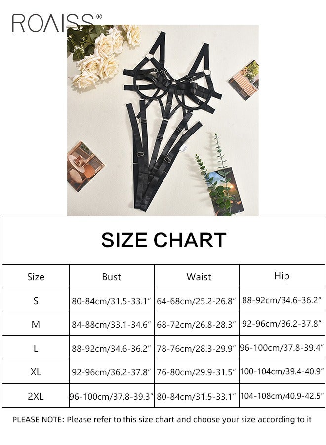 Thick Webbing Spliced Onesie Underwear for Women Hollow Design Suspender Bodysuit Ladies Adjustable Bondage Cupless Cage Bra Set Exotic Style Cosplay Costumes Boudoir Outfits