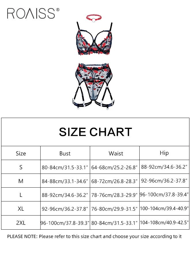 3Pcs Embroidery Patterns Underwear Suit for Women Lace Mesh Hollow Design Lingerie Set Includes Garters Ladies Teddy Babydolls Cosplay Costumes Adult Push up Bra Loungewear Boudoir Outfits