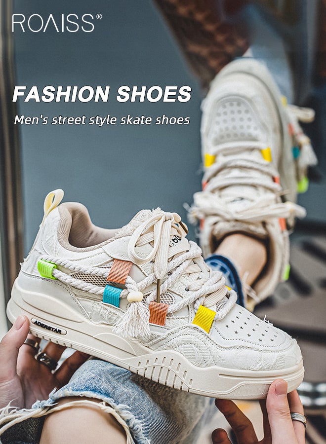 Stylish Patchwork Chunky Sneakers for Men Retro Rope Shoelaces Decor Skateboard Shoes Soft Sole Lightweight Shock Absorption Running Shoes Mens Wear Resistant Outdoor Sports Shoes