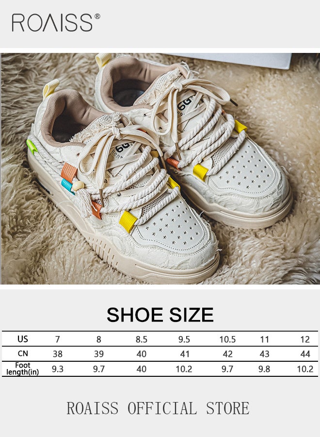 Stylish Patchwork Chunky Sneakers for Men Retro Rope Shoelaces Decor Skateboard Shoes Soft Sole Lightweight Shock Absorption Running Shoes Mens Wear Resistant Outdoor Sports Shoes