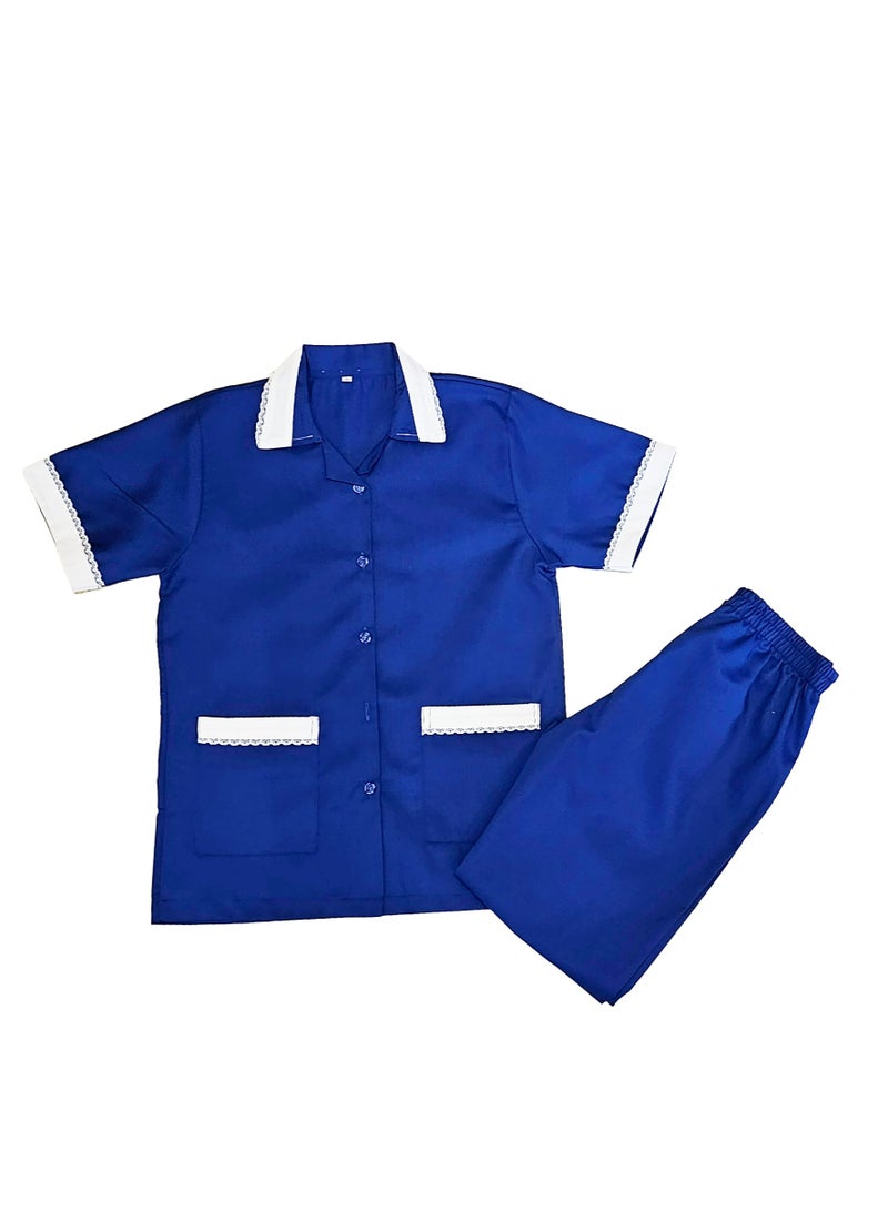Maid Uniform with Buttons Top and Pants Royal Blue Domestic Helper Uniform