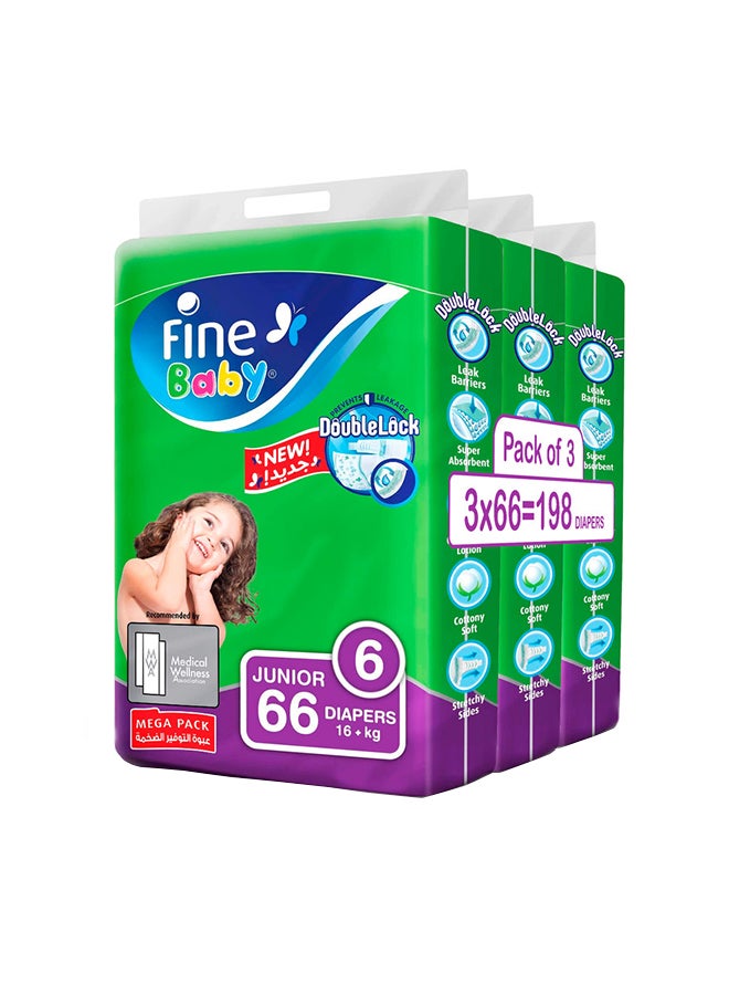 Baby Diapers Size 6 16+Kg 198 Count 66x3 Junior Mega Pack Double Lock Technology Prevents Leakage