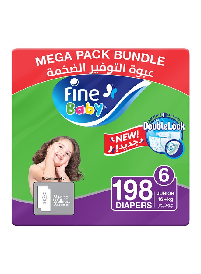 Baby Diapers Size 6 16+Kg 198 Count 66x3 Junior Mega Pack Double Lock Technology Prevents Leakage