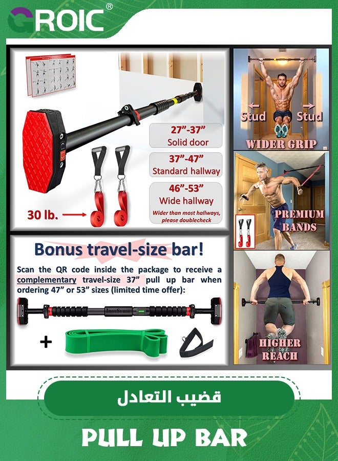 Pull Up Bar for Hallway or Doorway,Strength Training Pull-Up Bars with Two Attachable Resistance Bands,Chin Up Bar with Suppprt Frame,Level Mete,Body Workout Exercise Fitness Bar