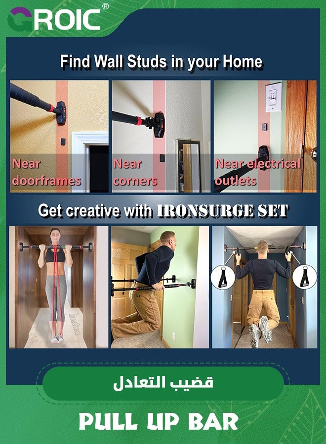 Pull Up Bar for Hallway or Doorway,Strength Training Pull-Up Bars with Two Attachable Resistance Bands,Chin Up Bar with Suppprt Frame,Level Mete,Body Workout Exercise Fitness Bar