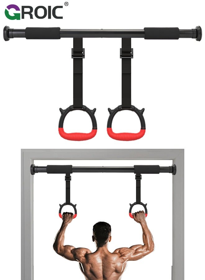 Pull Up Bar Chin Up Bar, Pull Up Bar for Doorway Adjustable 85-130 CM Door Horizontal Bars with Kids Gymnastic Rings Pull up Rings for Home Workout Gym Training， Strength Training Pull Up Bar